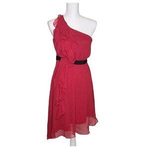 Stunning Red Dress One Shoulder Asymmetrical Skirt Black Belted Style Date Night